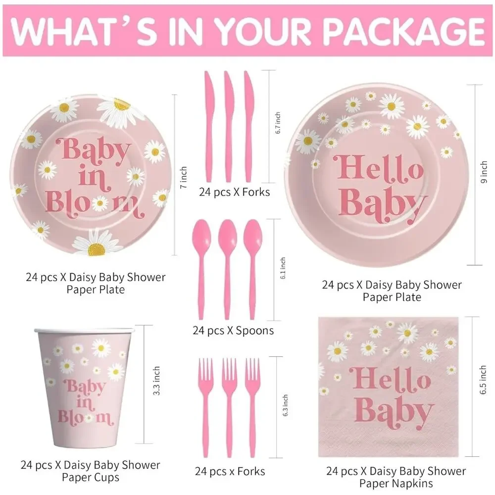 Baby Shower Decorations Tableware Daisy Party Supplies Baby Girl Serves 24 S22